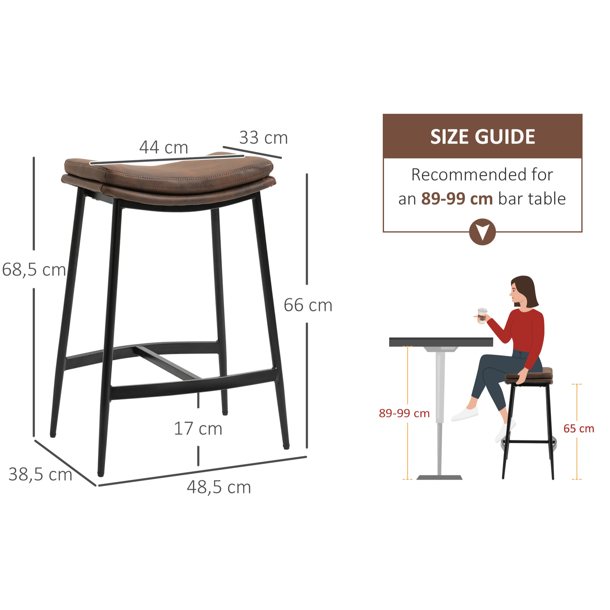 Lot de 2 tabourets de bar Vintage avec repose-pied piètement acier noir assise incurvée tissu marron effet vieilli