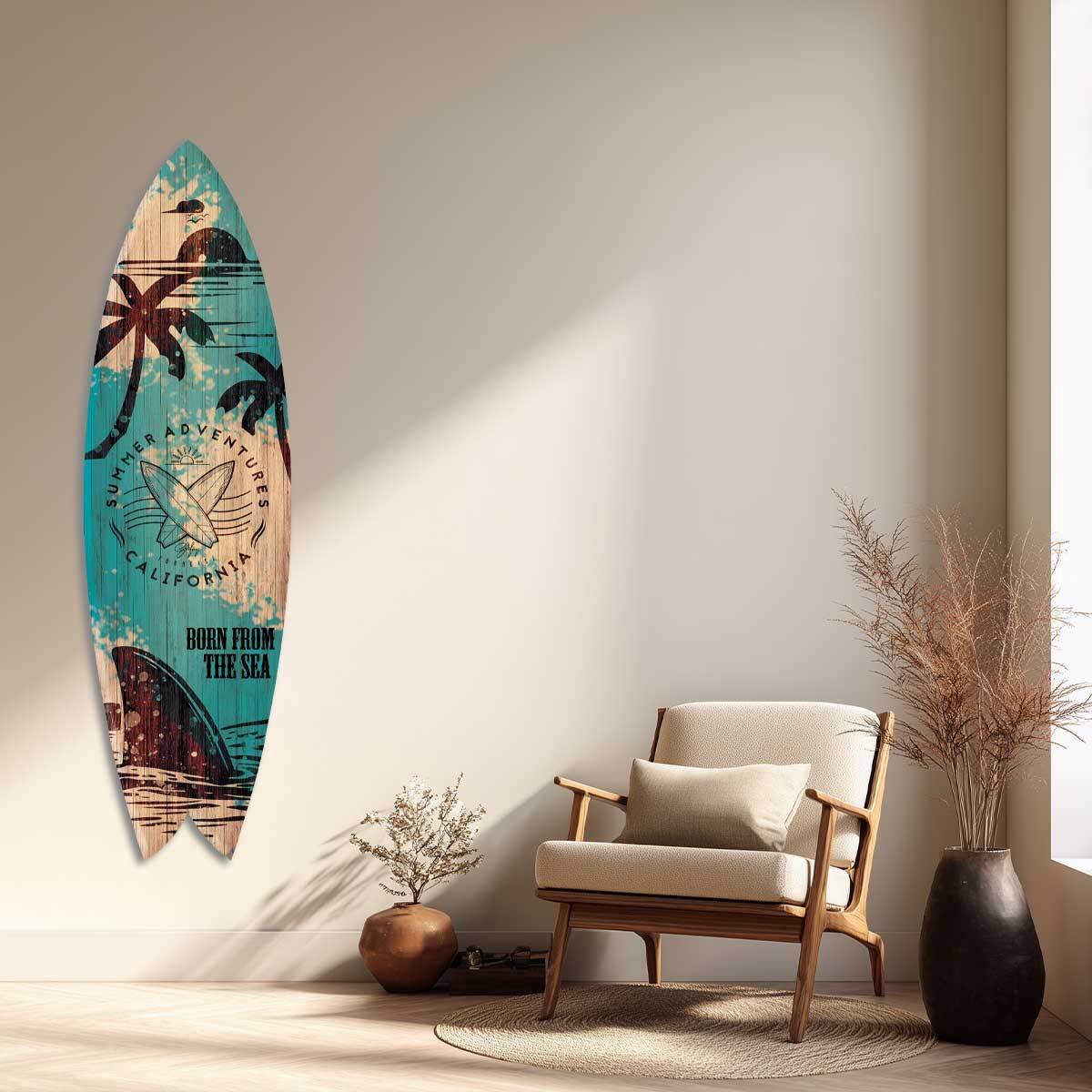 Planche de surf décorative bleu et bois Born from the Sea Tableau alu Dibond