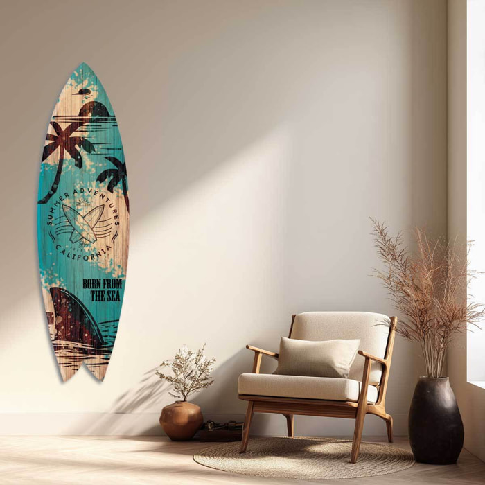 Planche de surf décorative bleu et bois Born from the Sea Tableau alu Dibond