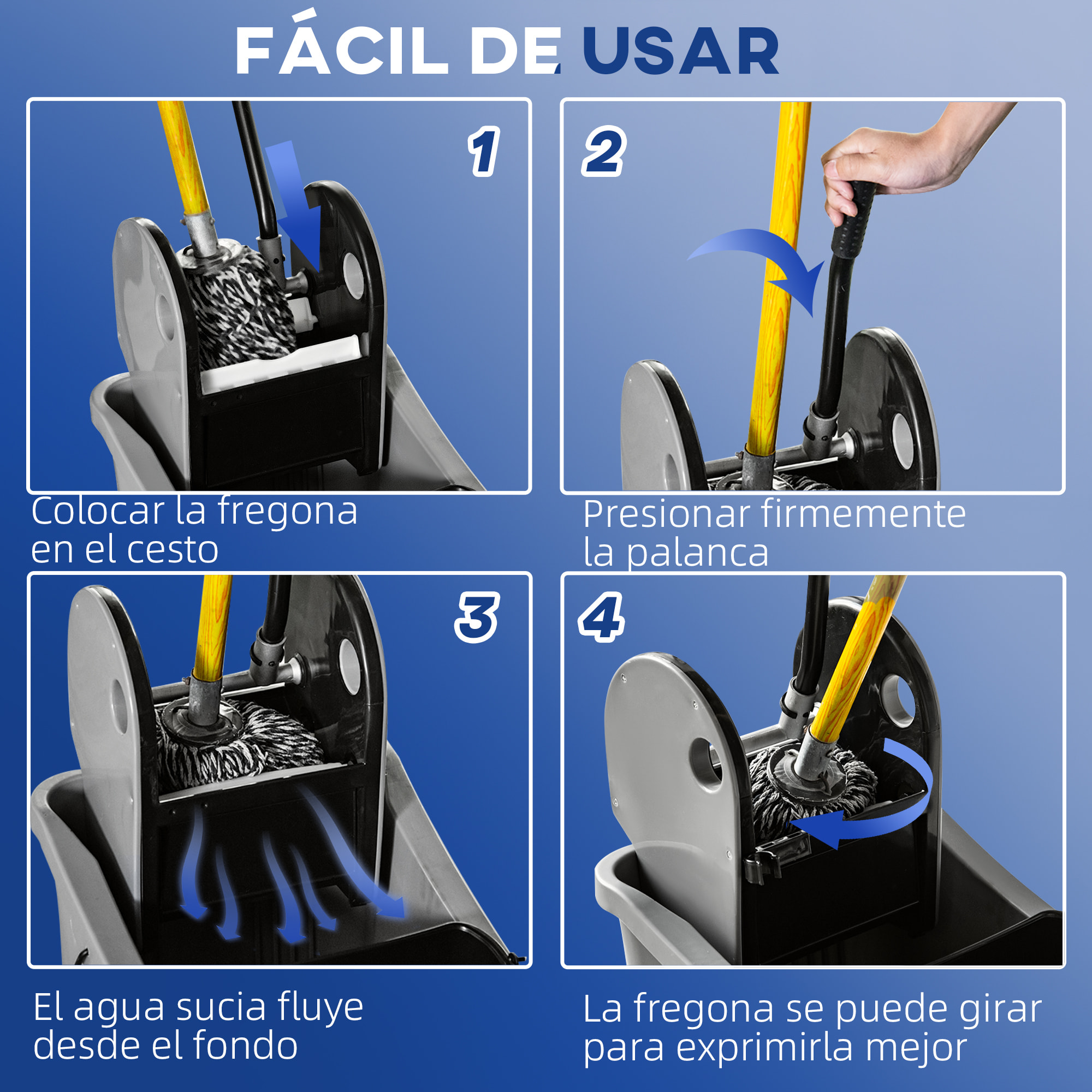 Cubo de Fregona con Ruedas Capacidad de 36L Carro de Limpieza con Escurridor de Presión Abajo y 2 Cubetas Separadas 54x41x91,5 cm Gris