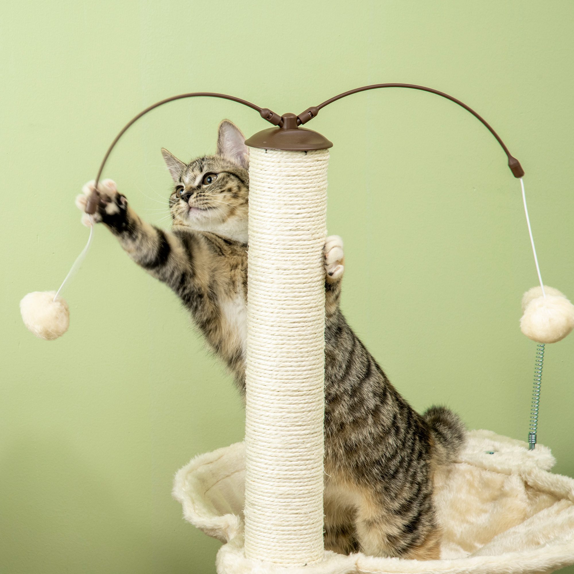 Árbol Rascador para Gatos con Hamaca Postes de Sisal Altura 90 cm Torre para Gatos con Bolas Colgantes Giratorias Bola Divertida y Múltiples Juegos 53,5x53,5x90 cm Beige