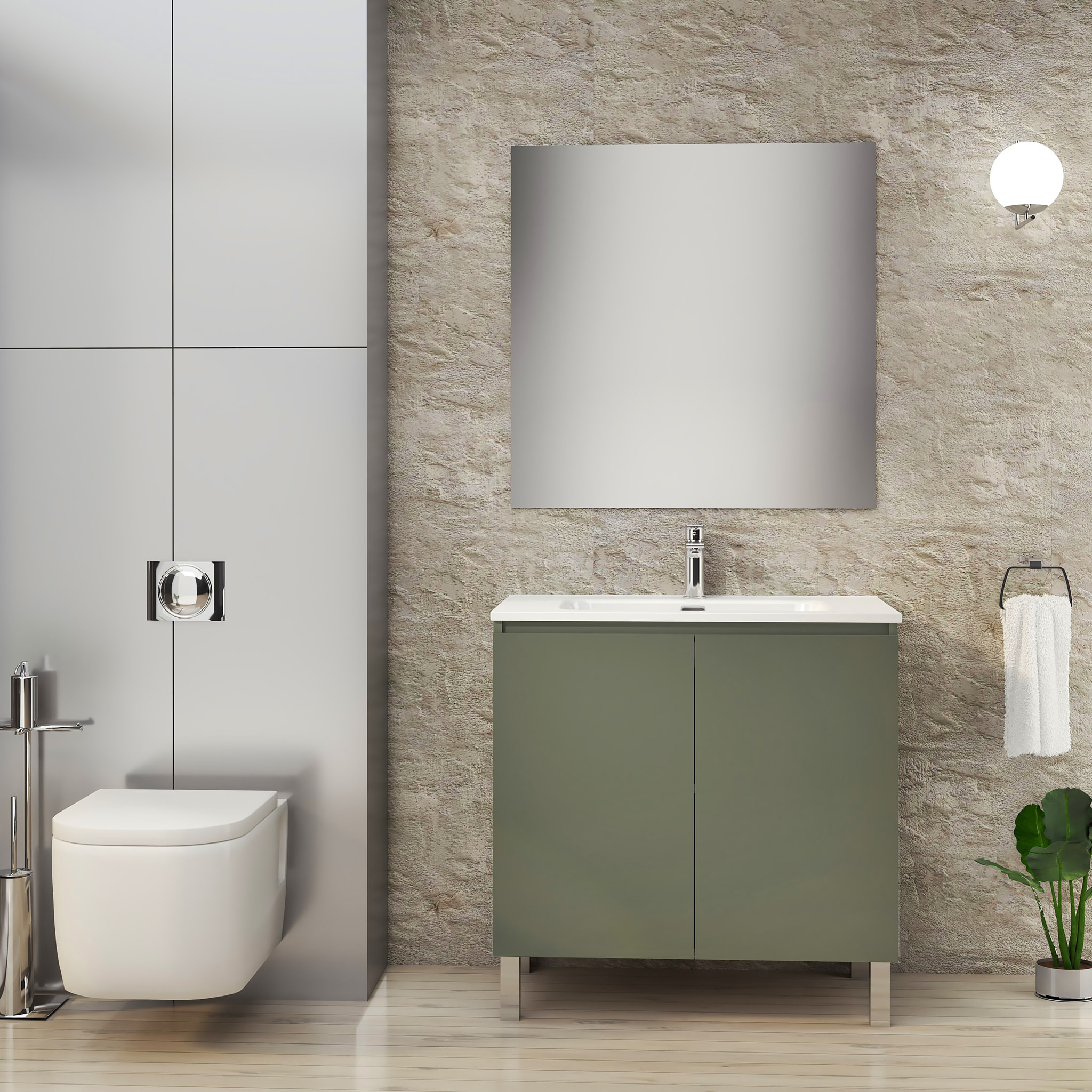 Conjunto de Baño Lust | 80 cm Verde Musgo | Dos Puertas | Lavabo Encastrado | No incluye Espejo | Mueble Montado | Alday
