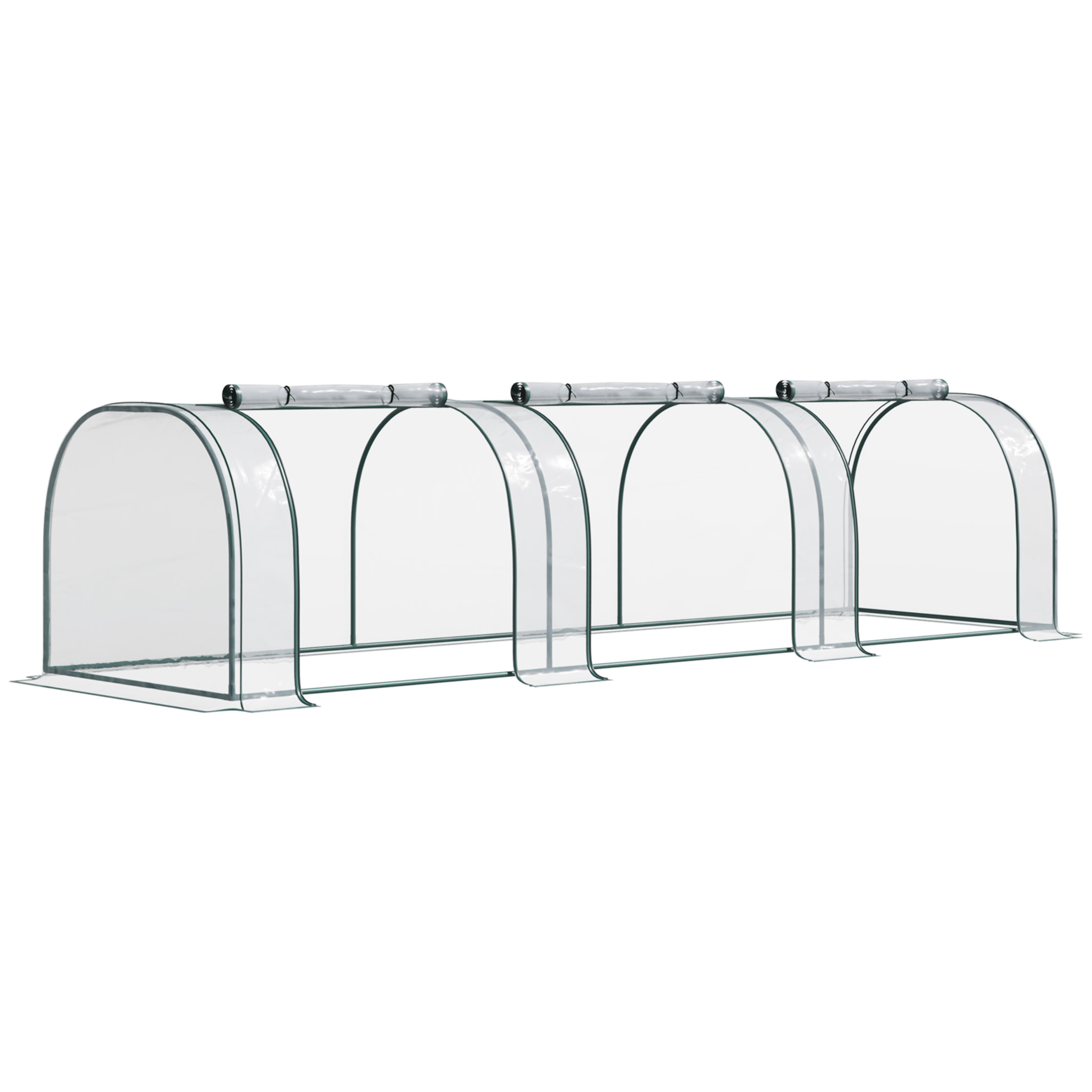 Serre de jardin tunnel 3,5L x 1l x 0,8H m 3 portes zippées bâche PVC transparent métal époxy vert