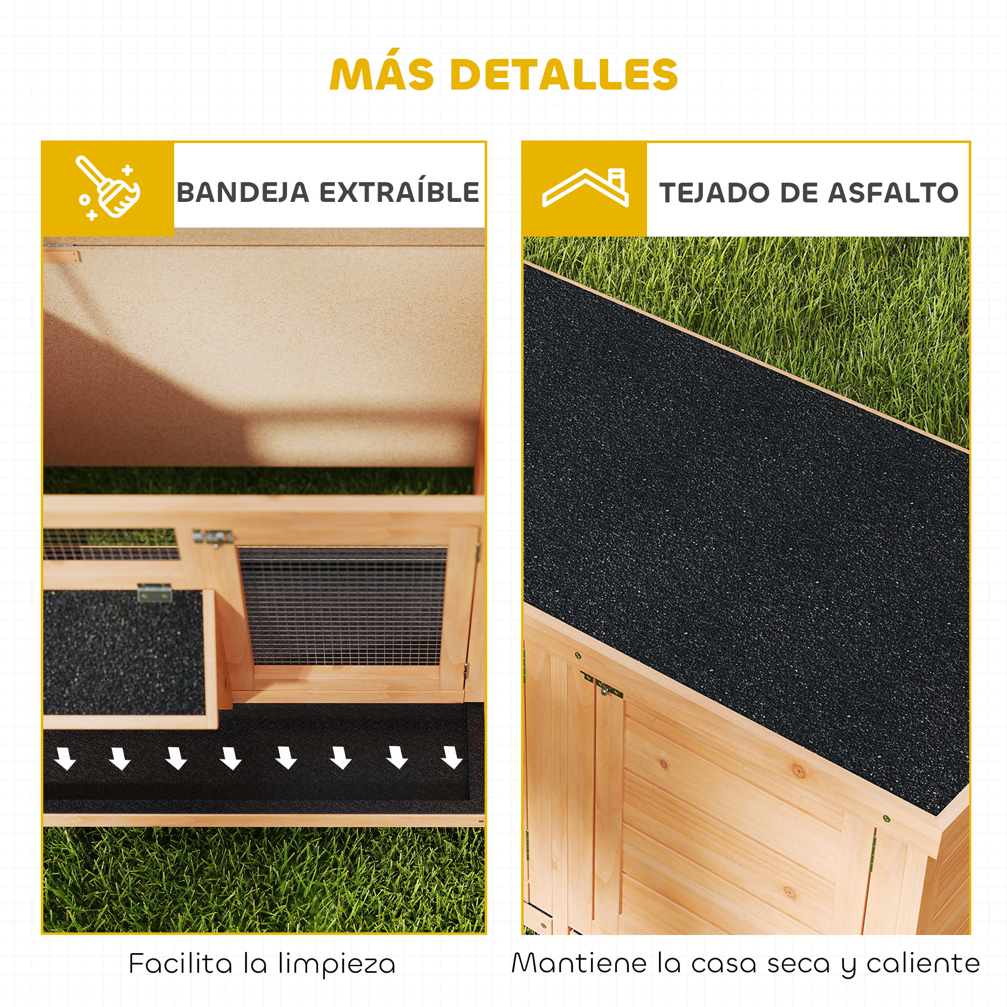 Conejera de Madera, Jaula para Conejos con Techo Asfáltico Abatible, Puertas con Pestillo, Bandejas Extraíbles y Comedero, Conejera para Exterior, 112x50x54 cm, Amarillo