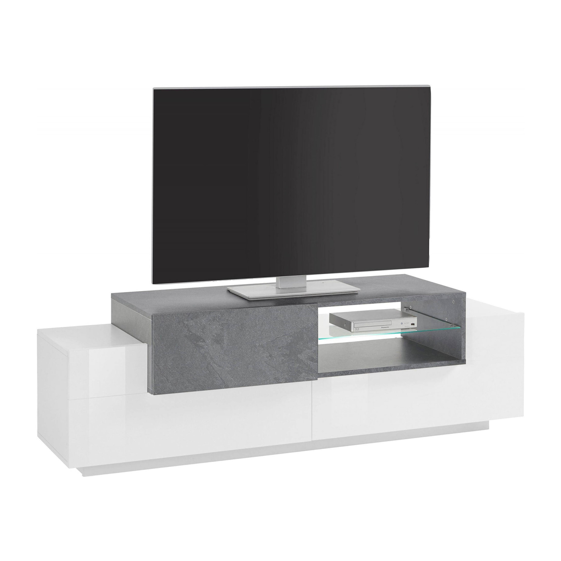 Mobile da soggiorno Porta TV, Made in Italy, Supporto per TV da salotto a 3 ante, cm 160x45h51, colore Bianco lucido e Grigio Cemento