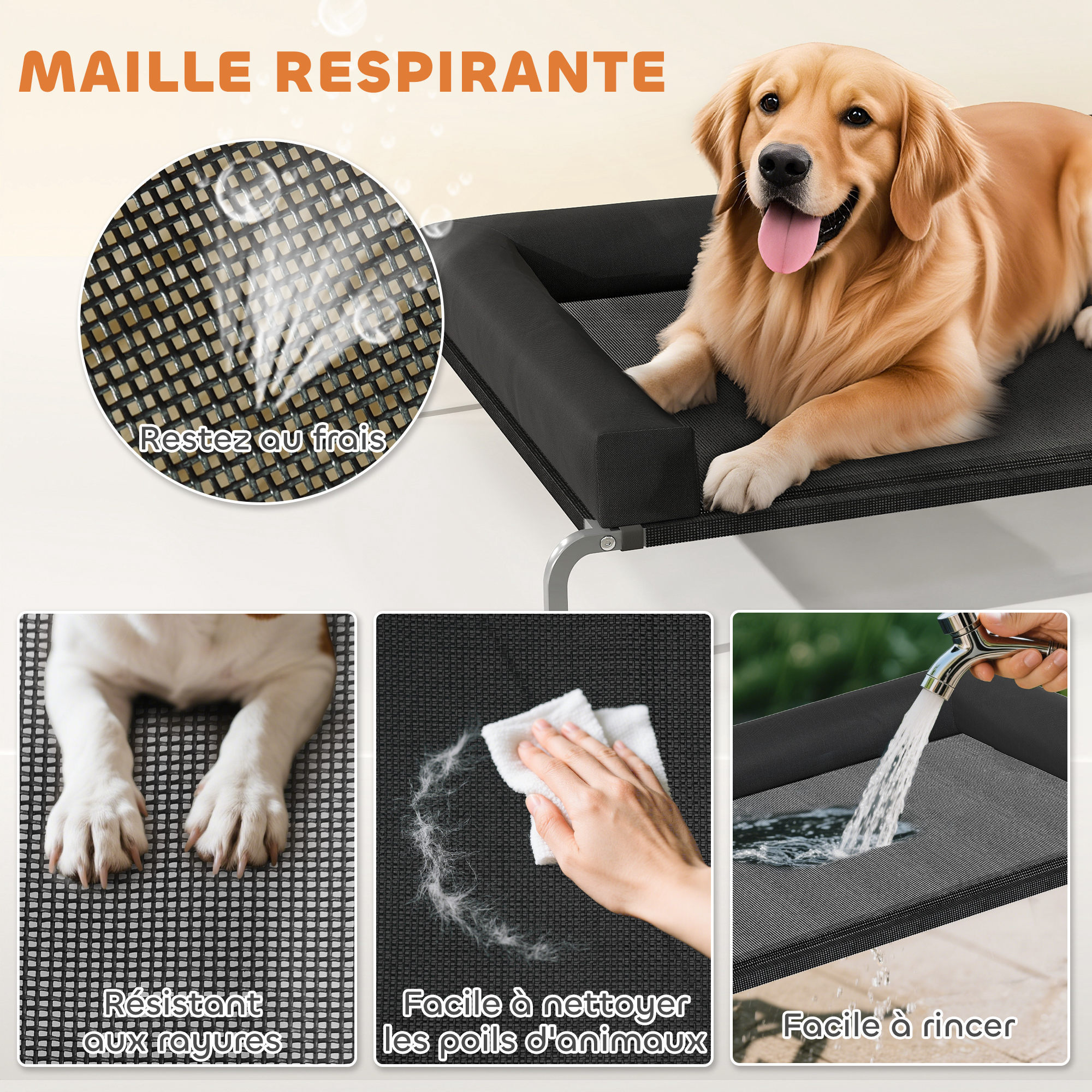 Transat pour animaux - lit pour chien - lit à pieds pour chien avec contour coussin dim. 130 x 90 x 30 cm - noir