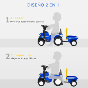 Tractor para Niños de 12-36 Meses con Remolque Extraíble Coche Correpasillos con Bocina Faros Pala Asiento de Suelo 25 cm y Rastrillo Carga 25 kg 91x29x44 cm Azul