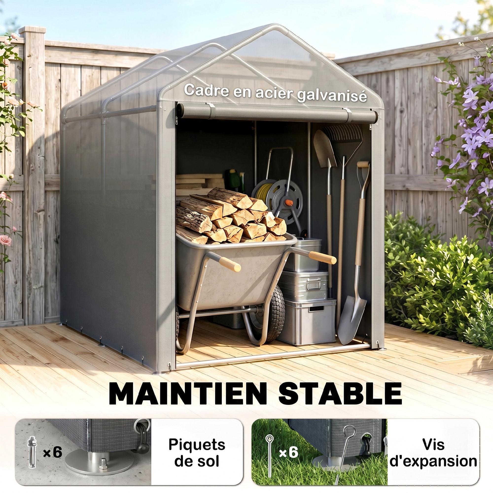 Abri de jardin tente de stockage portable abri de vélo garage pour extérieur avec cadre en métal galvanisé et grande porte, 1,2 x 1,8 m gris
