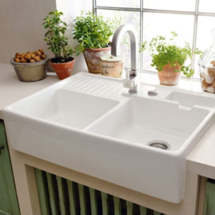 Evier timbre d'office Tradition 2 bacs 89,5 x 63 céramique vidage auto blanc + Cache bonde or