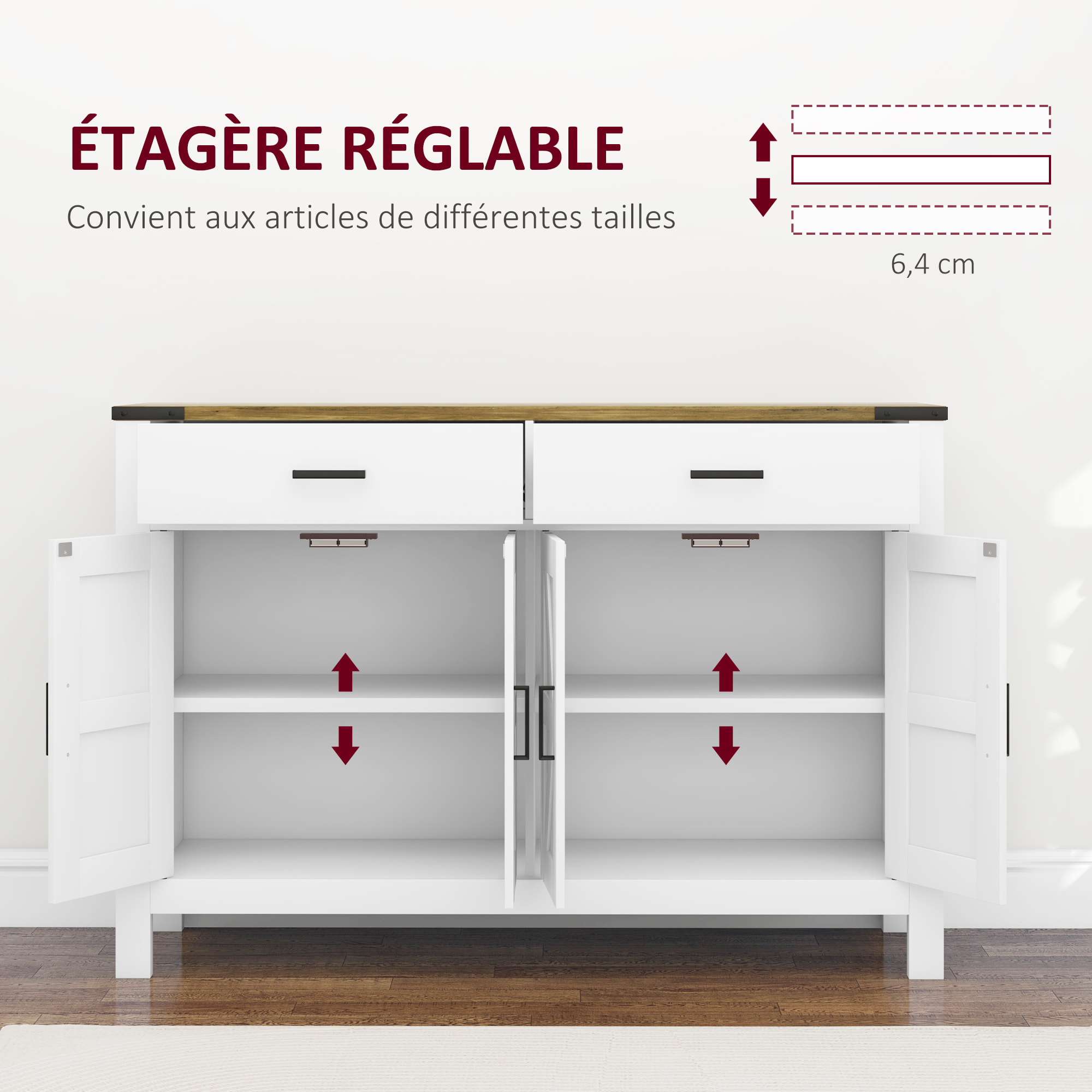 Buffet style rural chic 4 portes façades croisillons 2 étagères 2 tiroirs - dim.120 x 39,3 x 82,5 cm - métal noir effet bois blanc