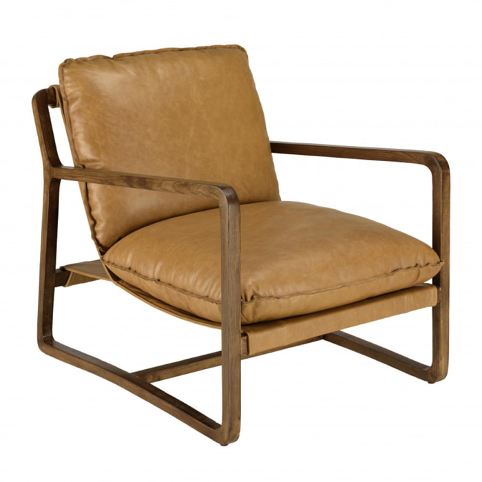 GASTON - Fauteuil incliné vintage cuir marron cognac, structure en bois