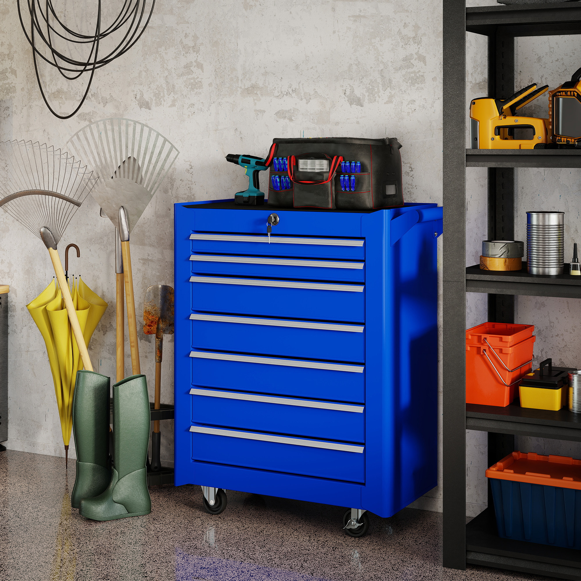 Carro de Herramientas con 7 Cajones, Carro de Taller con Cerradura, Asa, 2 Ruedas con Freno de Bloqueo, para Garaje, Hogar, Azul