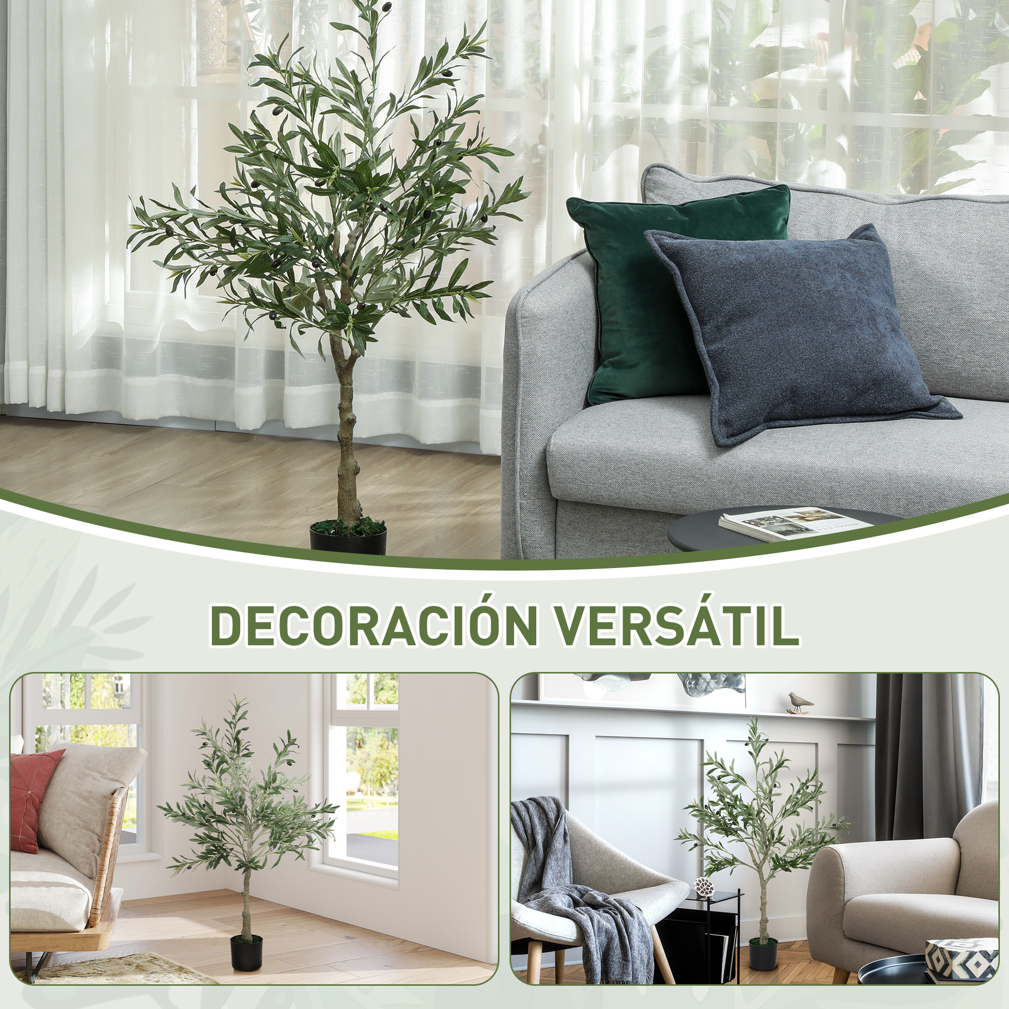 Olivo Artificial 120 cm Planta Artificial Decorativa con Hojas de Seda y 20 Aceitunas Decoración Interior para Hogar Oficina Dormitorio Salón Pack 1