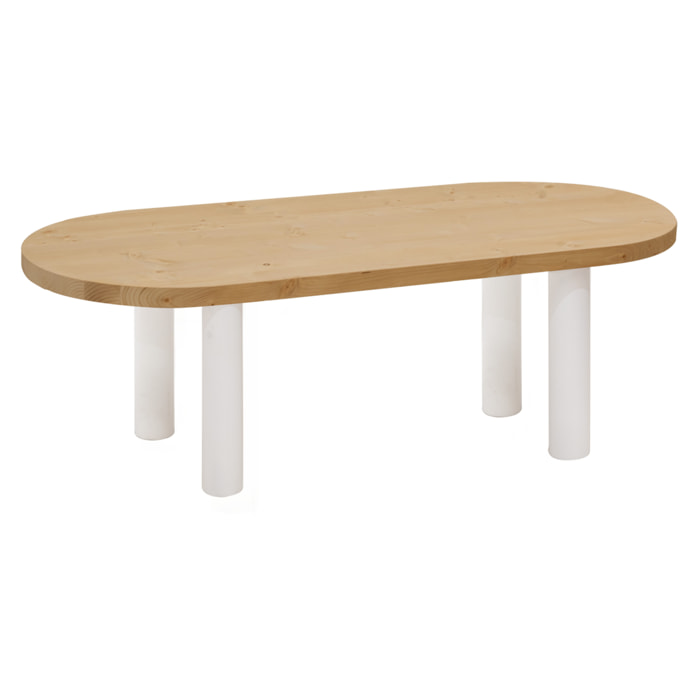 Table basse ovale en bois massif avec plateau en teinte chêne moyen et pieds en teinte blanche de 40x120cm Hauteur: 40 Longueur: 120 Largeur: 50