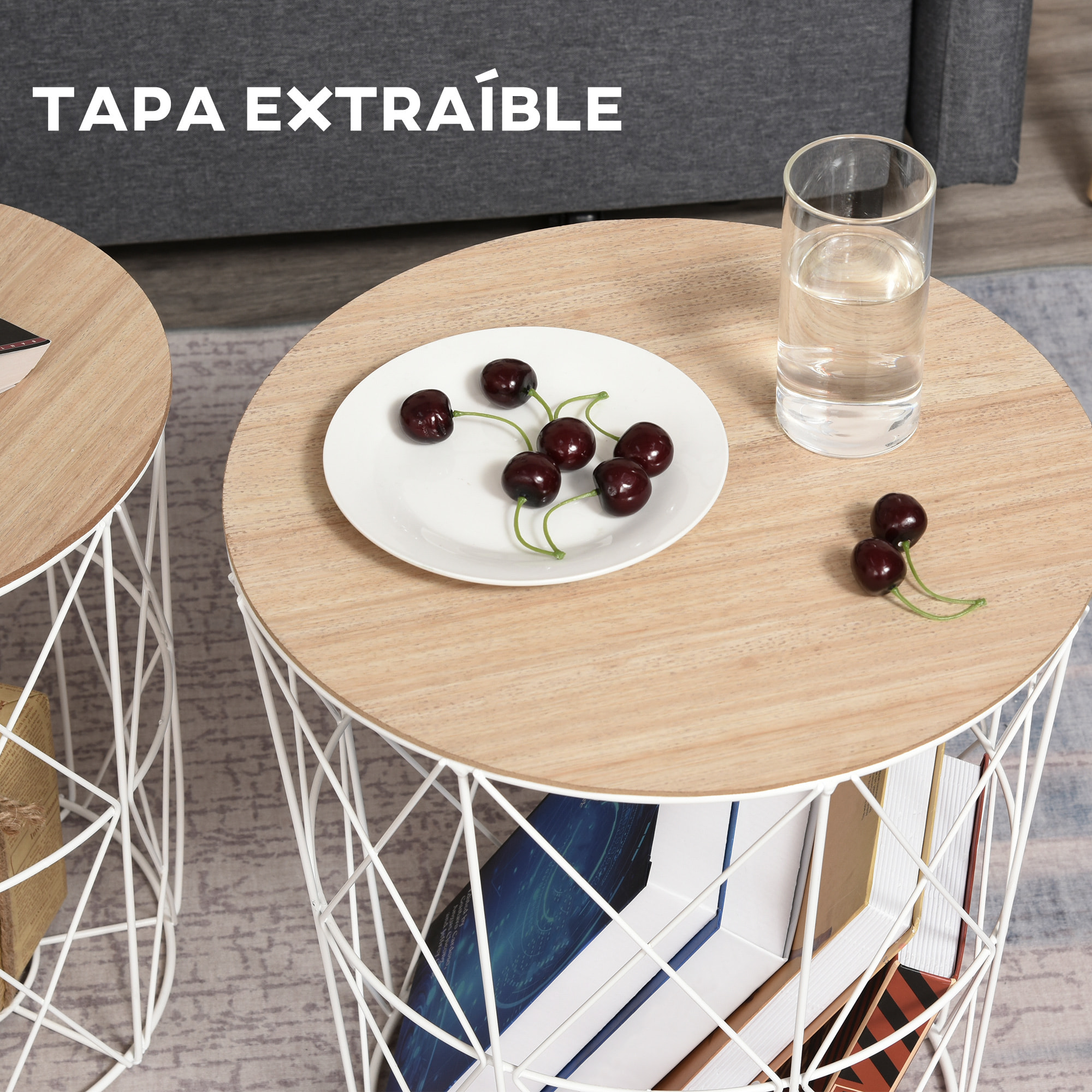 Set 2 Mesita de Café con Tapa Extraíble de Madera Blanco