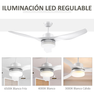 HOMCOM Ventilador de Techo Motor DC 20,5W Diámetro 132 cm con Mando a Distancia Luz LED Ajustable de 3 Niveles 3 Aspas Reversibles 6 Velocidades y Temporizador para Dormitorio Salón Acero