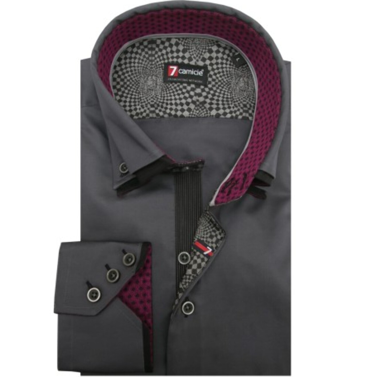 Camicia Uomo 3 Bottoni Button Down Doppio Collo Slim Satin Unito Grigio Scuro
