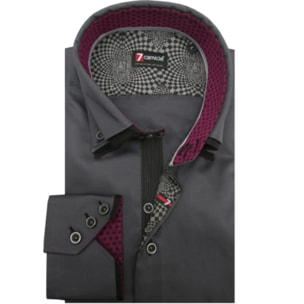 Camicia Uomo 3 Bottoni Button Down Doppio Collo Slim Satin Unito Grigio Scuro