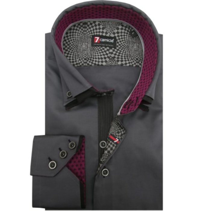 Camicia Uomo 3 Bottoni Button Down Doppio Collo Slim Satin Unito Grigio Scuro
