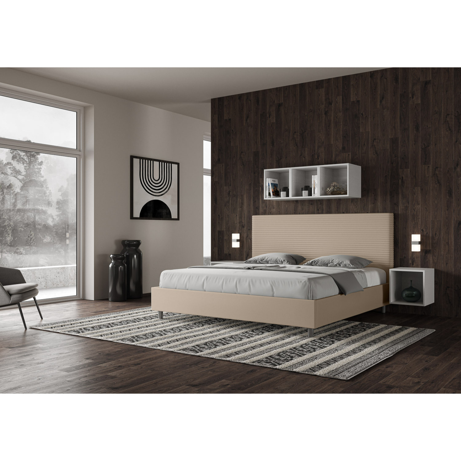 Lit king size sans sommier rembourré 180x200 similicuir taupe Focus