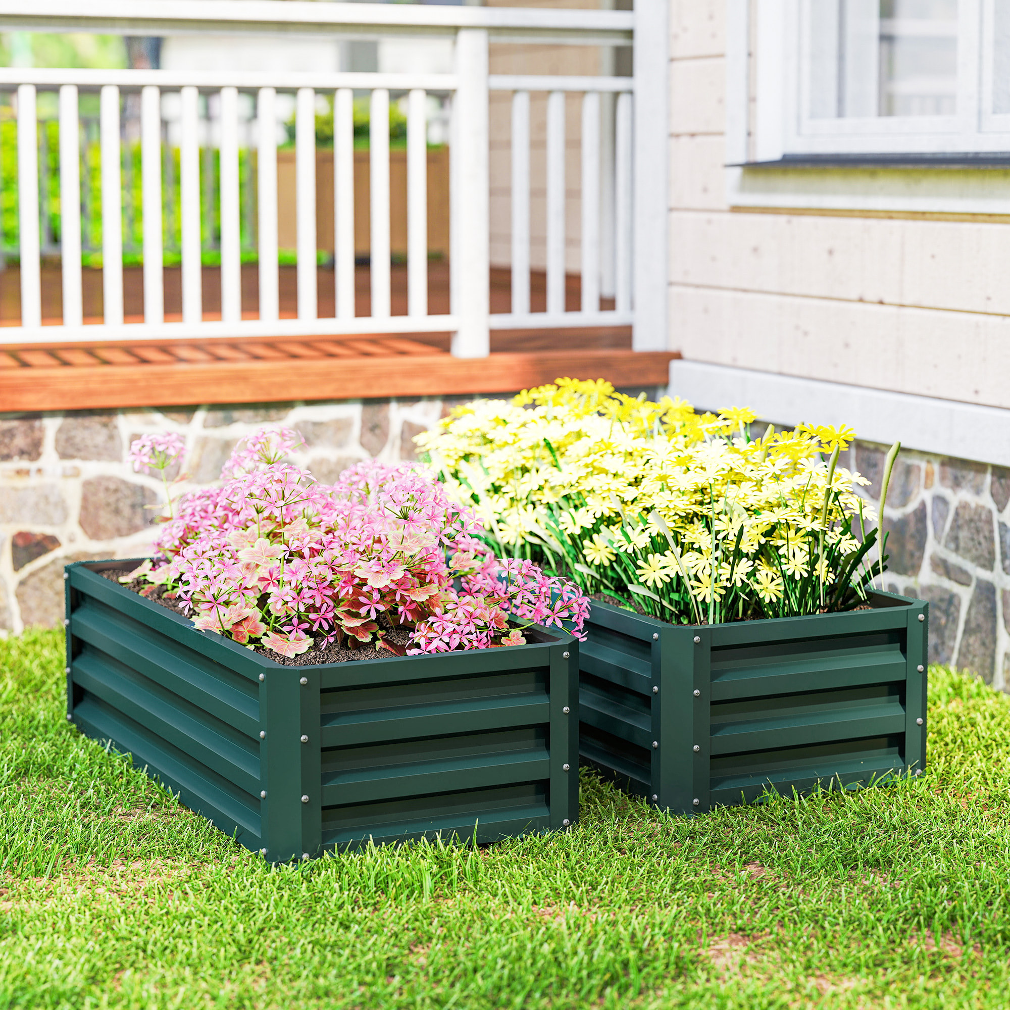 Juego de 2 Jardineras Exterior Grandes de Acero Galvanizado, Huertos Urbanos, Maceteros Exterior Elevados para Plantas, Flores, Terraza, Jardín, Resistente a la Intemperie, 110x50x30 cm Verde