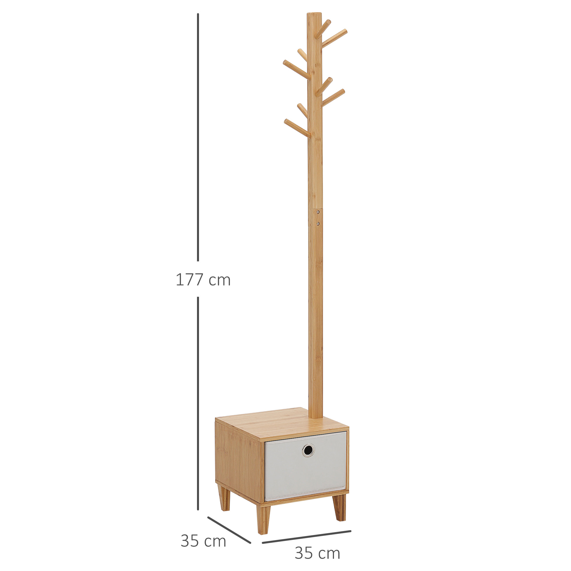 Perchero de Pie de Bambú Tipo Árbol con Banco Cajón de Tela y 8 Ganchos para Colgar Ropa Bolsas Bombreros para Entrada Salón Pasillo 35x35x177 cm Natural