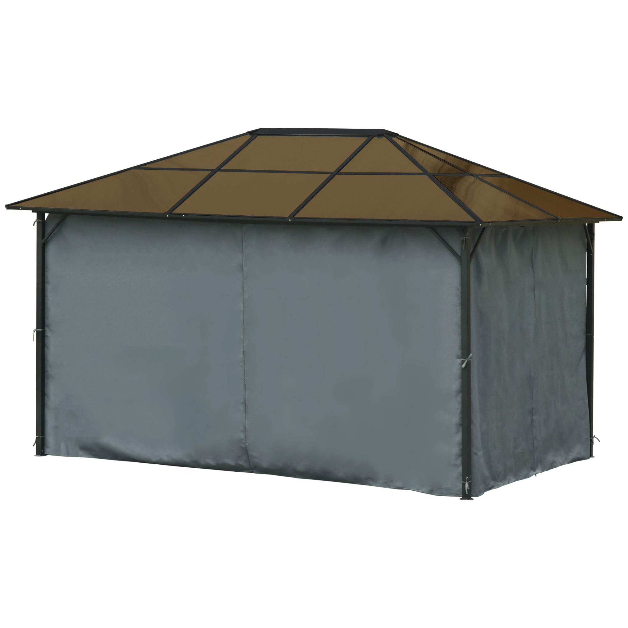 Pavillon de jardin tonnelle rigide dim. 4L x 3l x 2,65H m 4 parois latérales anti-UV gris 4 moustiquaires zippées alu. métal polycarbonate noir brun