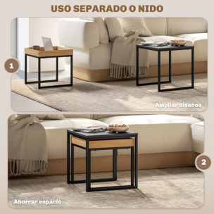 Mesas Auxiliares para Salón Mesas Nidos de 2 Piezas con Marco de Acero Mesas de Centro Pequeñas para Dormitorio Negro y Roble