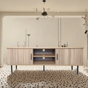 AMBON Meuble TV en bois cannelé à portes coulissantes 140cm