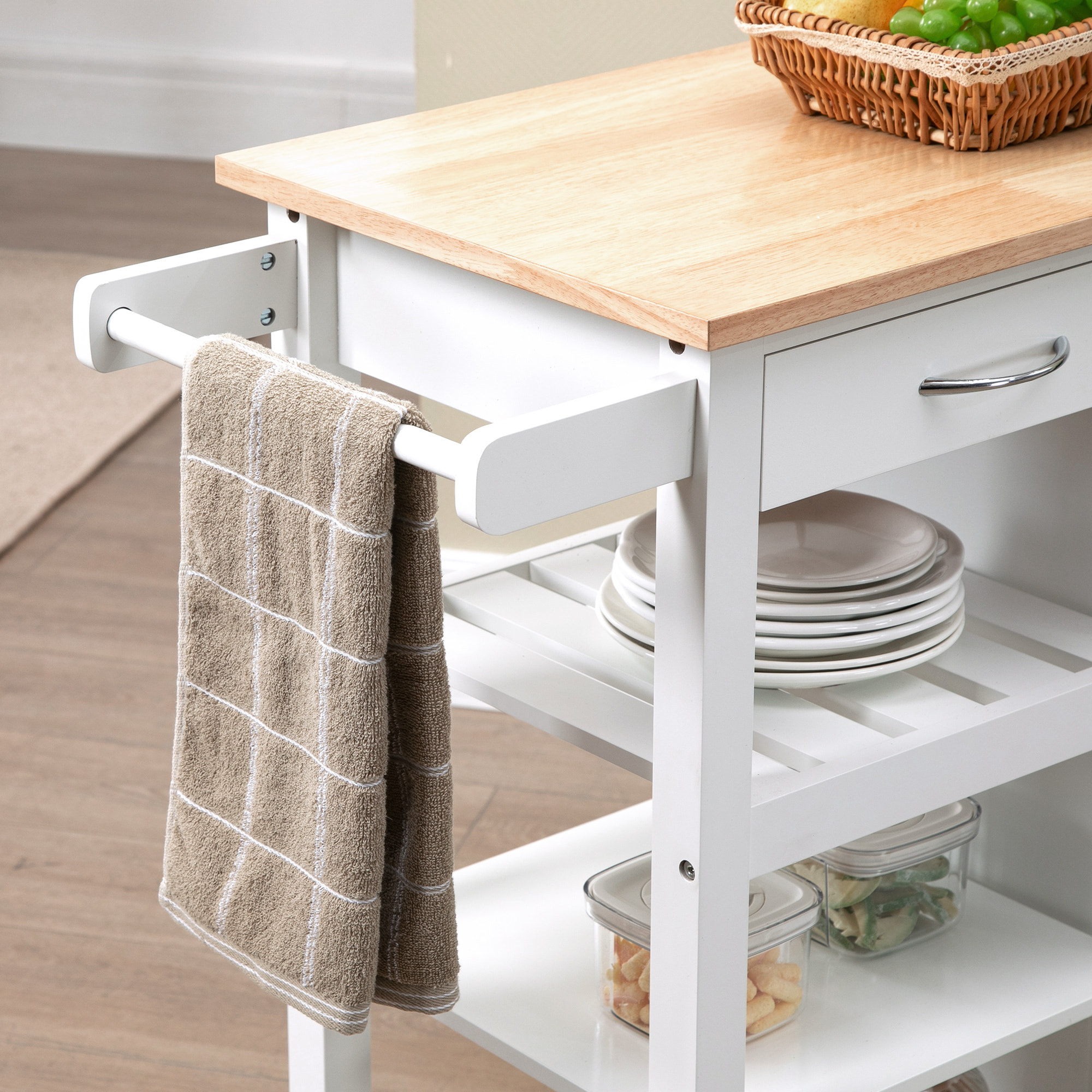 Desserte de cuisine style contemporain - porte, tiroir, 3 étagères - poignées métal MDF blanc plateau bois pin