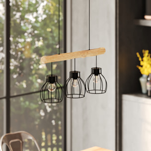 Suspension 3 lampes en bois d'eucalyptus et métal noir - Abby