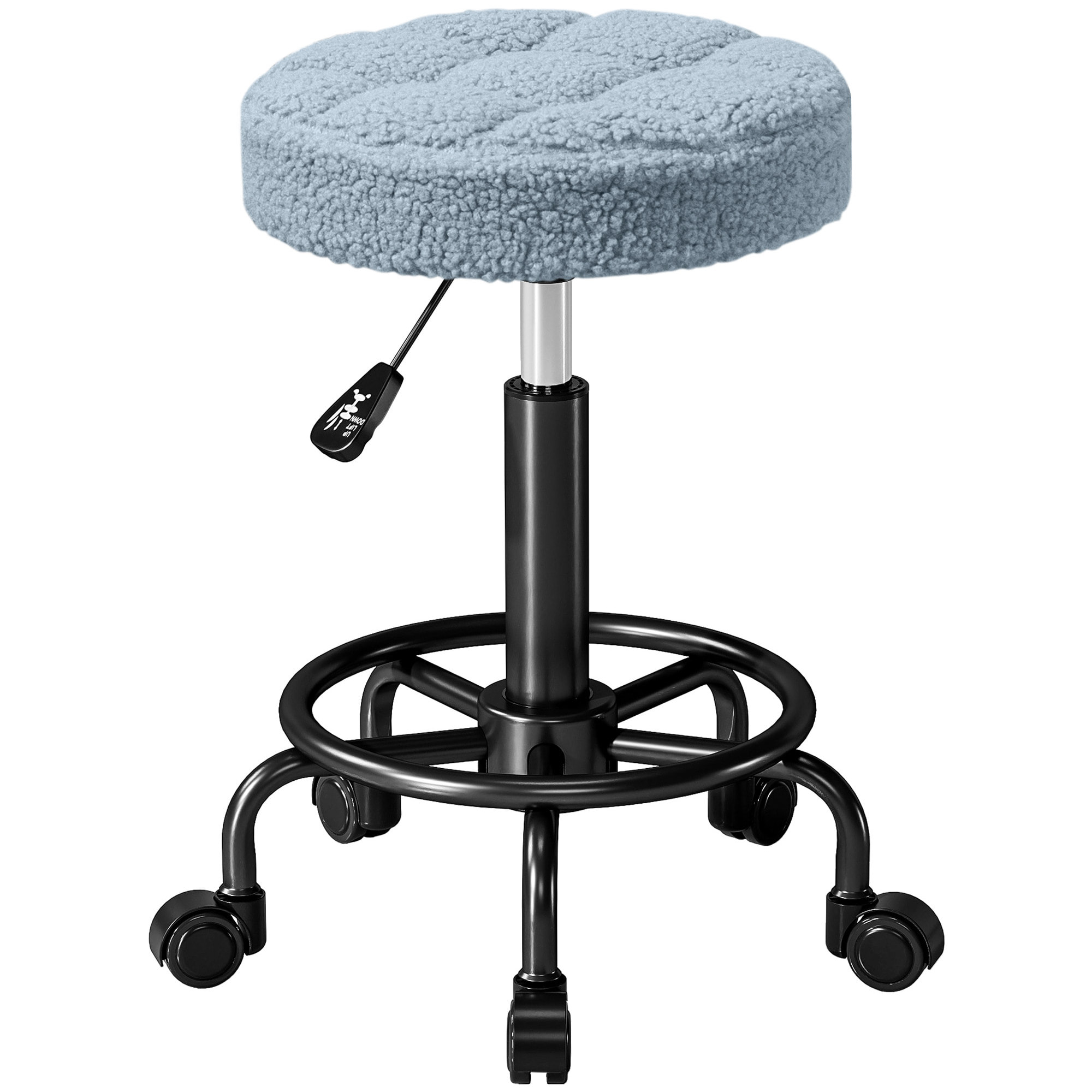 Taburete Giratorio Redondo Taburete con Ruedas Altura Regulable 50-66 cm Asiento Tapizado en Tejido de Borreguito para Salones Talleres Spa Masaje Azul