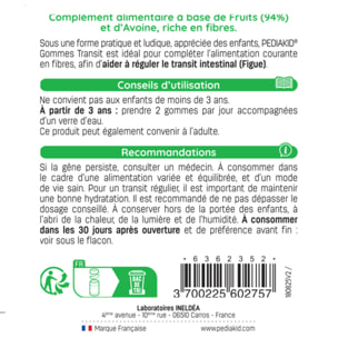 PEDIAKID - Gommes Transit - Complément alimentaire à base de fruits et d'Avoine - Riche en fibres - Aide à réguler le transit intestinal - Arôme naturel abricot - 60 gommes - Lot de 2
