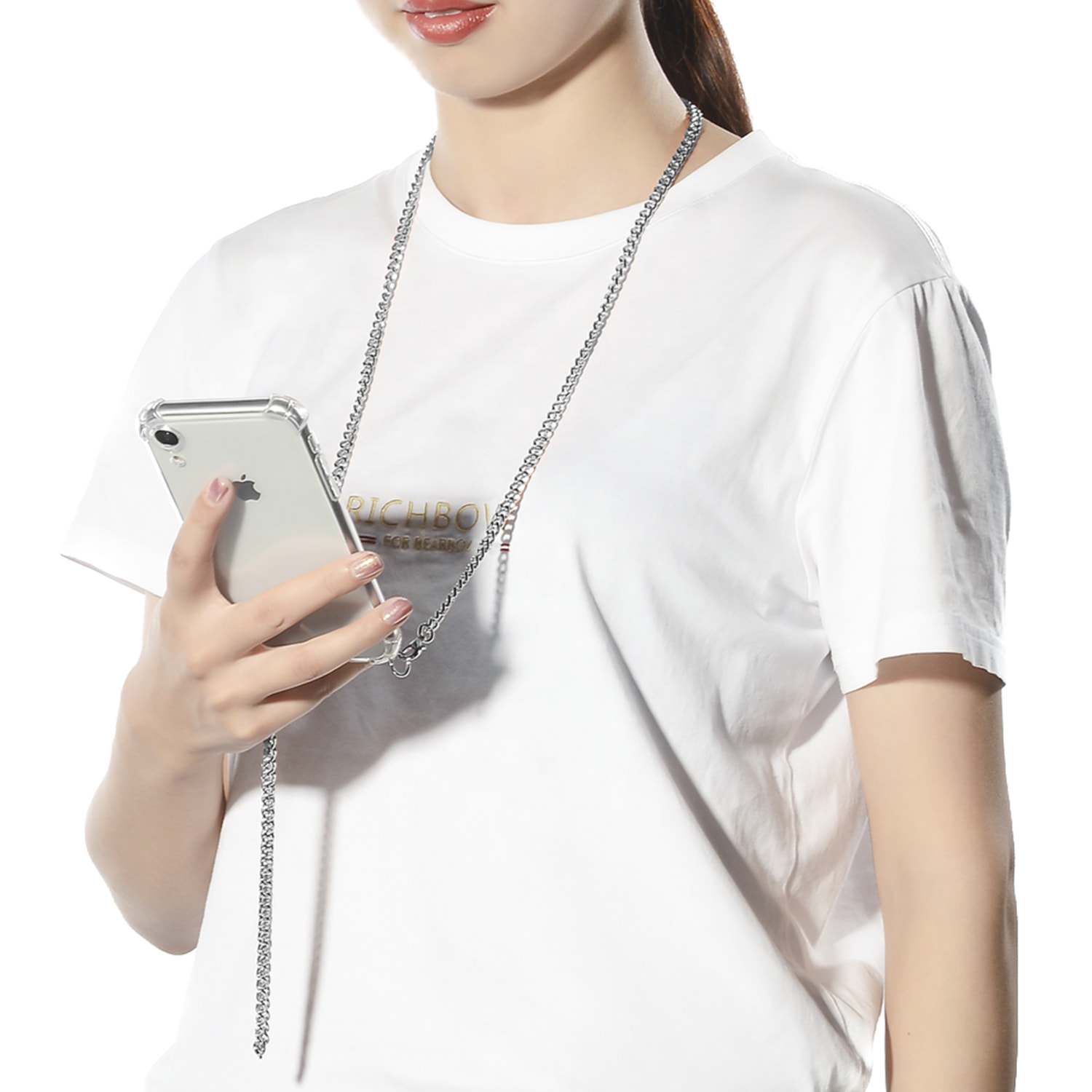 Cover trasparente per iPhone 11 Pro Max con ciondolo a catena in metallo. Accessorio moda, vestibilità perfetta e massima protezione