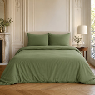 Parure housse de couette coton/lin unie vert kaki, HAVEN