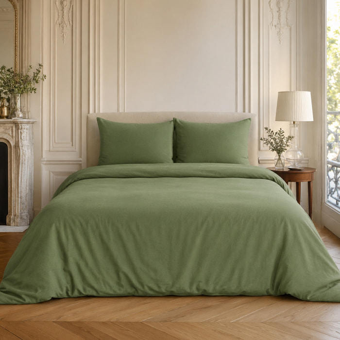 Parure housse de couette coton/lin unie vert kaki, HAVEN