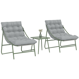 Conjunto de Mesa y Sillas de Terraza Exterior de 3 Piezas, Muebles de Jardín Exterior con Cojines, 2 Sillas Lounge, Mesa de Café y Estructura de Acero, para Patio, Gris Claro