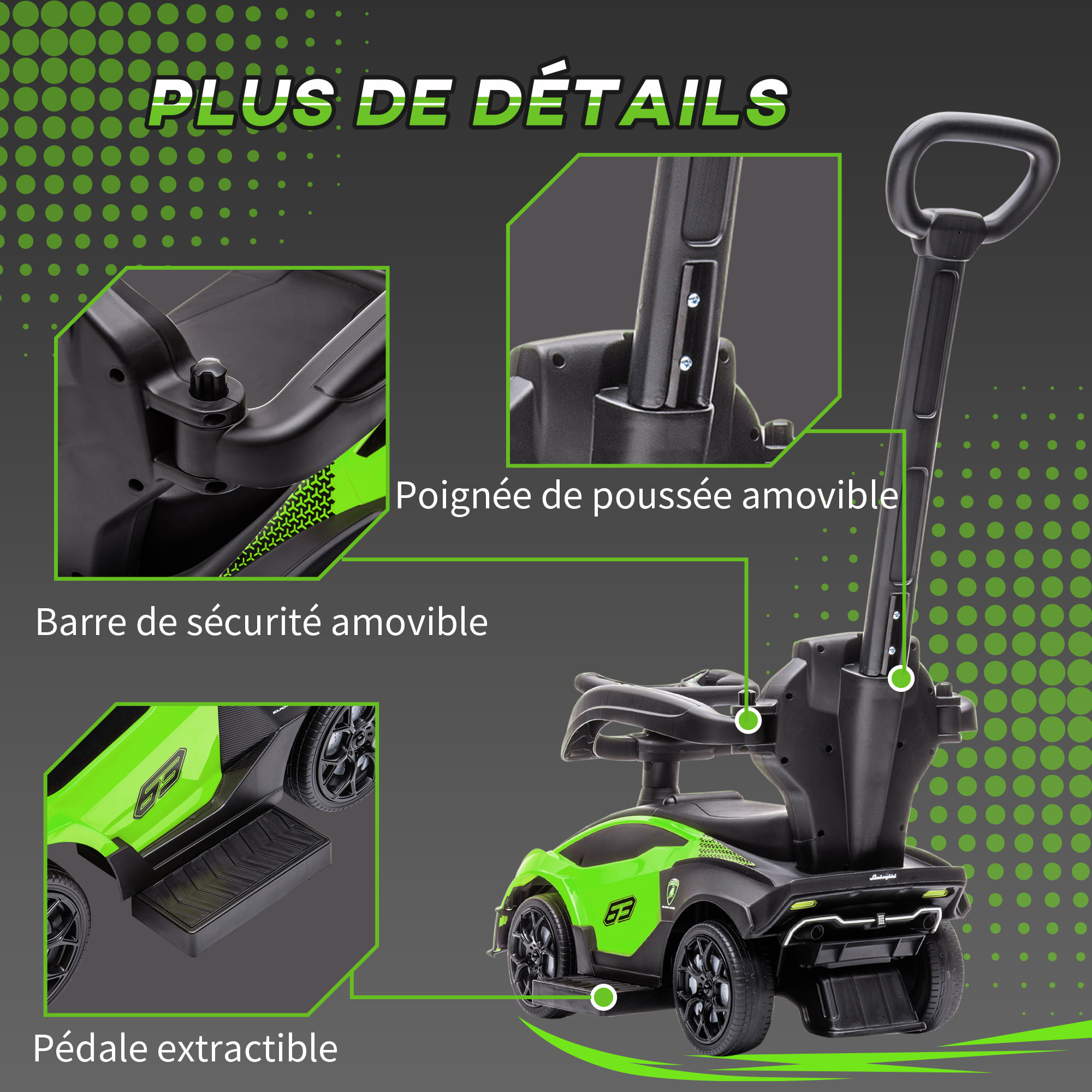 Porteur enfant voiture à pousser 2 en 1 - licence officielle Lamborghini Essenza SCV12 - nombreux équipements - noir vert