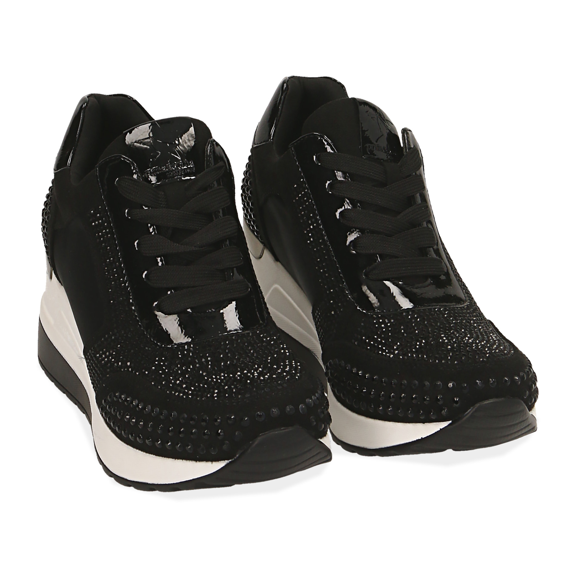 Sneakers negras en lycra con strass, cuña 6 cm