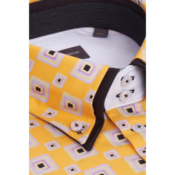 Camicia Uomo 2 Bottoni Button Down 7bottoni Doppio Coll Popeline Stampato giallo e lilla