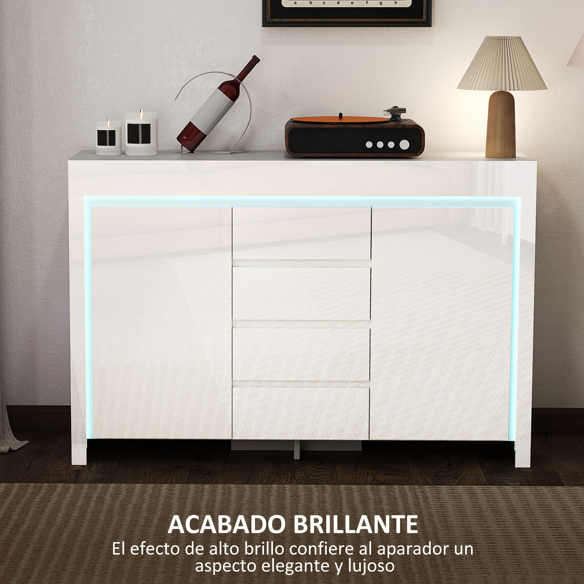 Aparador con Luces LED Aparador de Salón con 4 Cajones Cierre Suave Estantes Ajustables y Mando a Distancia Mueble Aparador de Dormitorio 120x34x80 cm Blanco Brillo