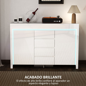 Aparador con Luces LED Aparador de Salón con 4 Cajones Cierre Suave Estantes Ajustables y Mando a Distancia Mueble Aparador de Dormitorio 120x34x80 cm Blanco Brillo