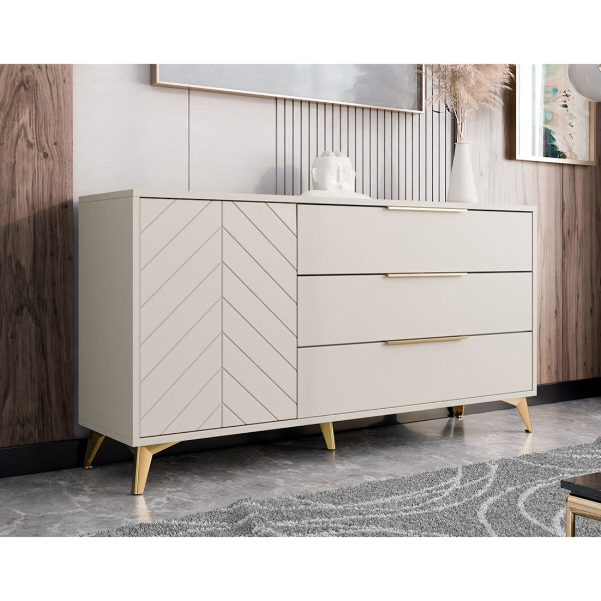 Boccioni - buffet bas - beige - 3 tiroirs et 1 porte - 154 cm - Beige
