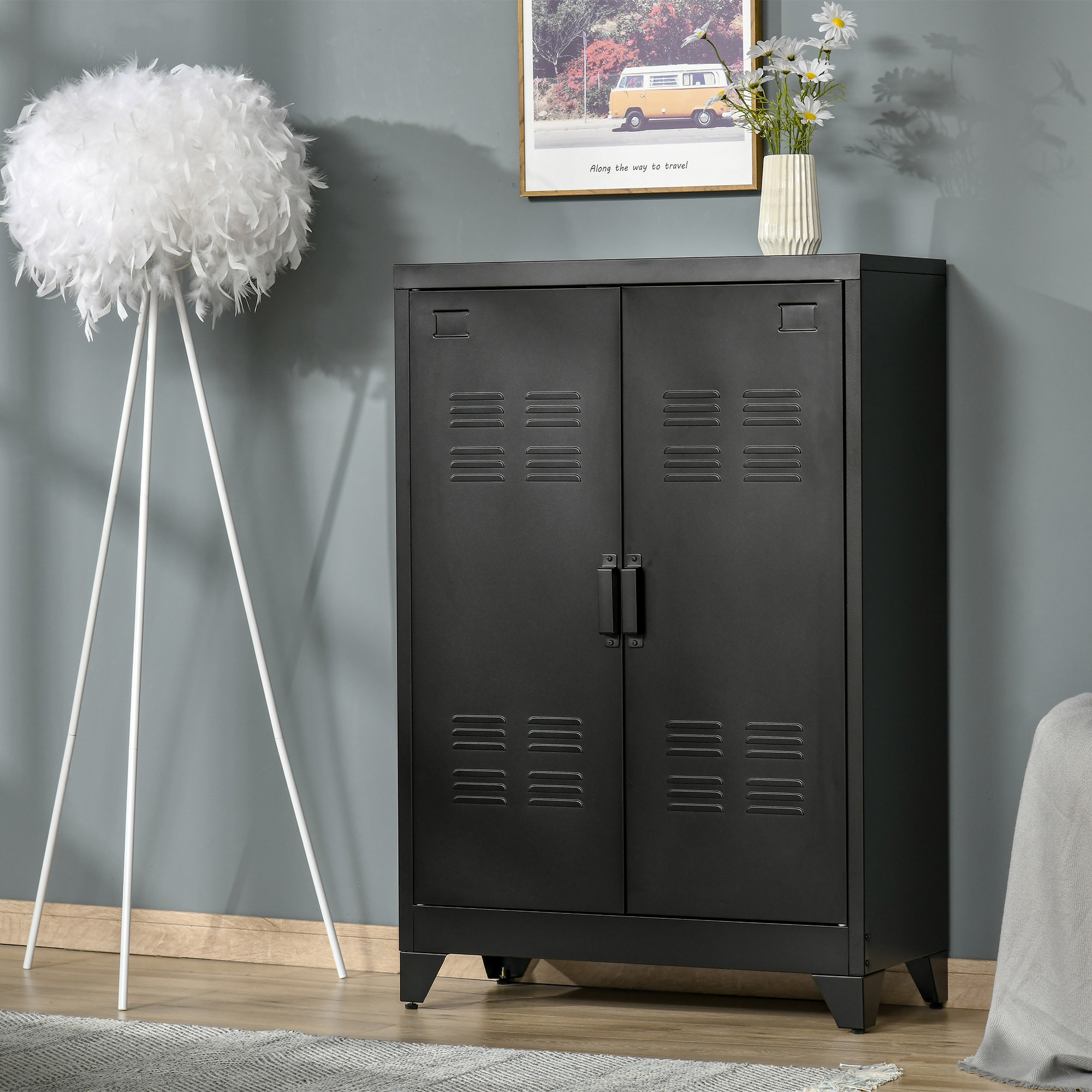 Armario de Almacenamiento Aparador de Metal con Doble Puerta Cierre Magnético y 2 Estantes Ajustables para Oficina Salón Dormitorio 75x33x110 cm Negro