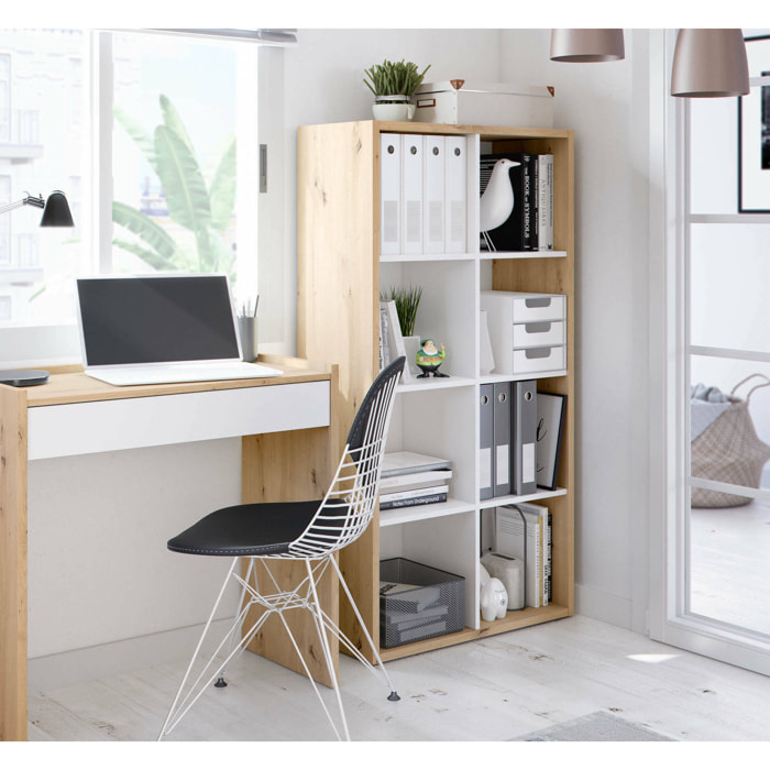 Libreria Alliers, Mobile portalibri reversibile con 8 scomparti, Mobile Porta tv multiposizione, 72x33h137 cm, Rovere effetto nodi e Bianco