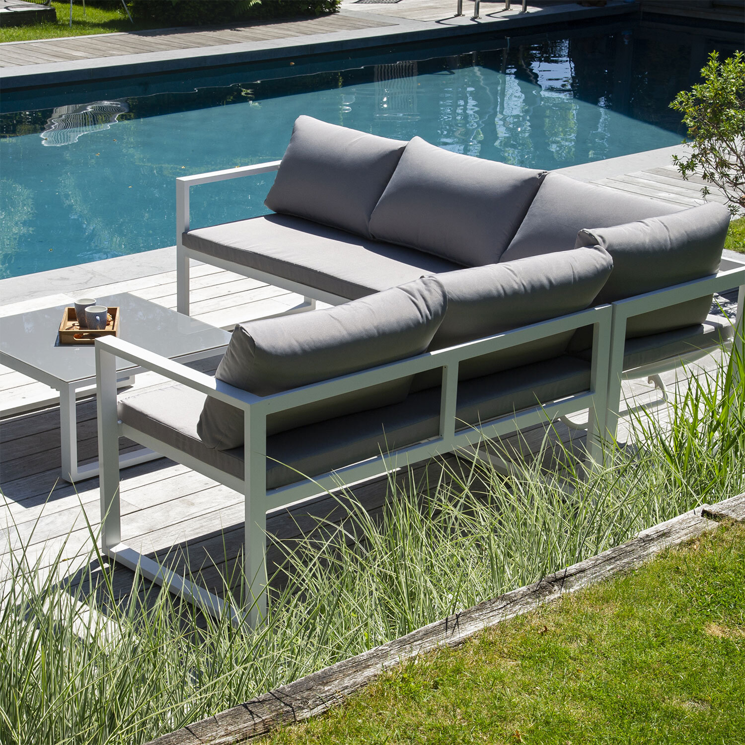 Salon de jardin modulable IBIZA en tissu gris 4 places - aluminium blanc