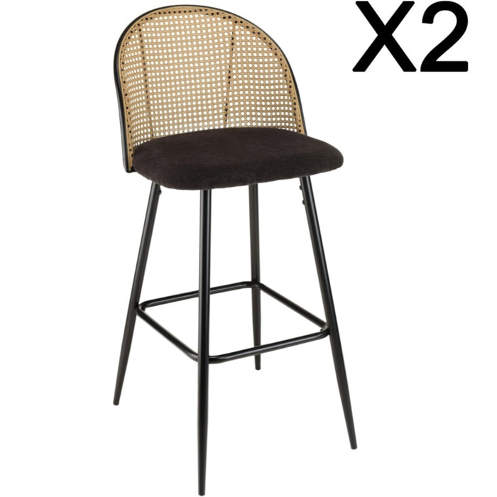 LEA - Lot de 2 tabourets de bar assise tissu noir dossier effet cannage