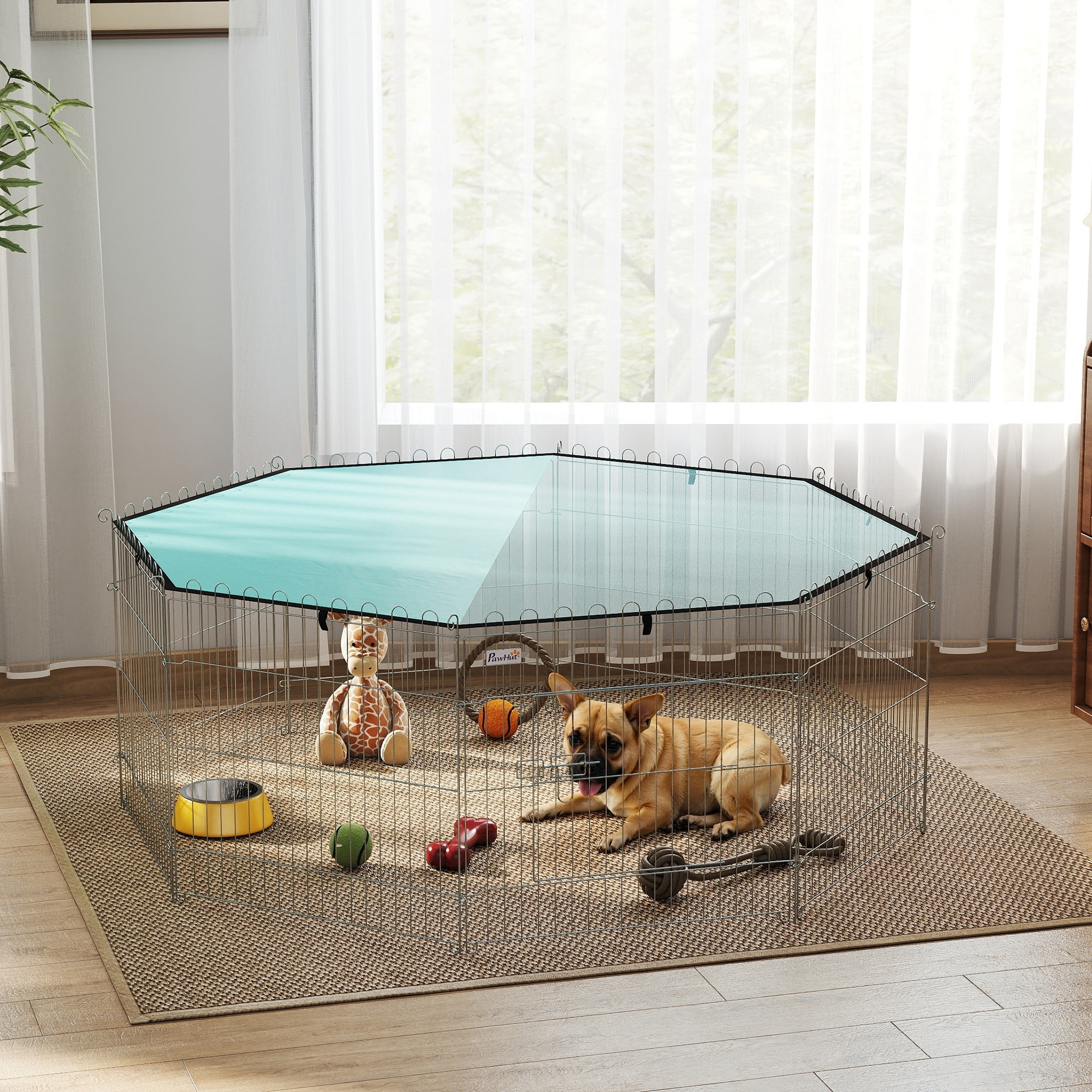 Parc pour chien 8 panneaux - avec toit, modulable et pliable - 60H cm - avec porte - intérieur et extérieur - argent vert