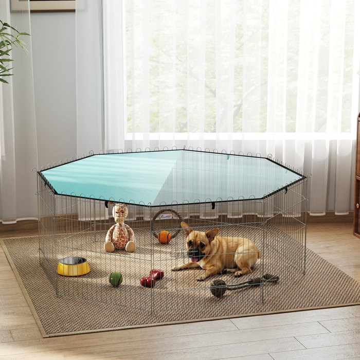 Parc pour chien 8 panneaux - avec toit, modulable et pliable - 60H cm - avec porte - intérieur et extérieur - argent vert
