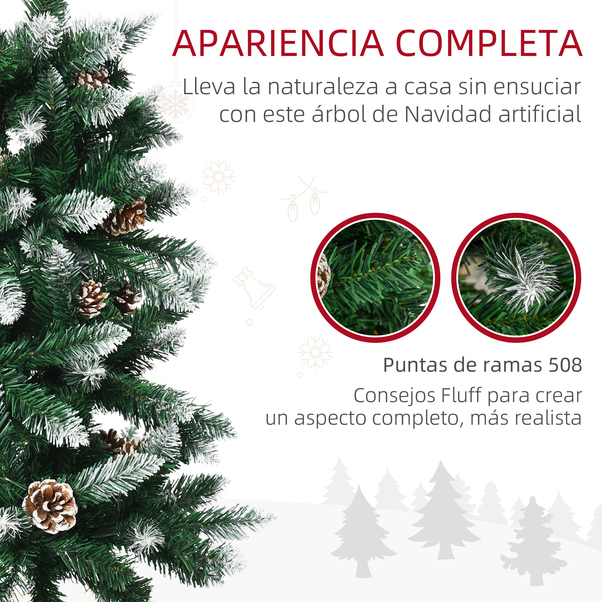 árbol de Navidad Artificial de Nieve 180 cm con 508 Ramas Realistas 49 Piñas Base Plegable y Soporte de Acero para Decoración de Interiores Ø73x180 cm Verde Blanco